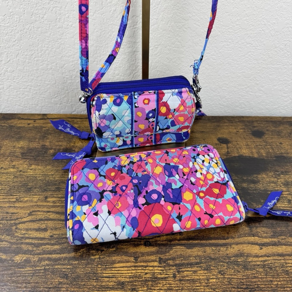 Vera Bradley Wallet Crossbody Set‎ Women Floral Quilted Zip Around Purple x2 - Picture 1 of 16